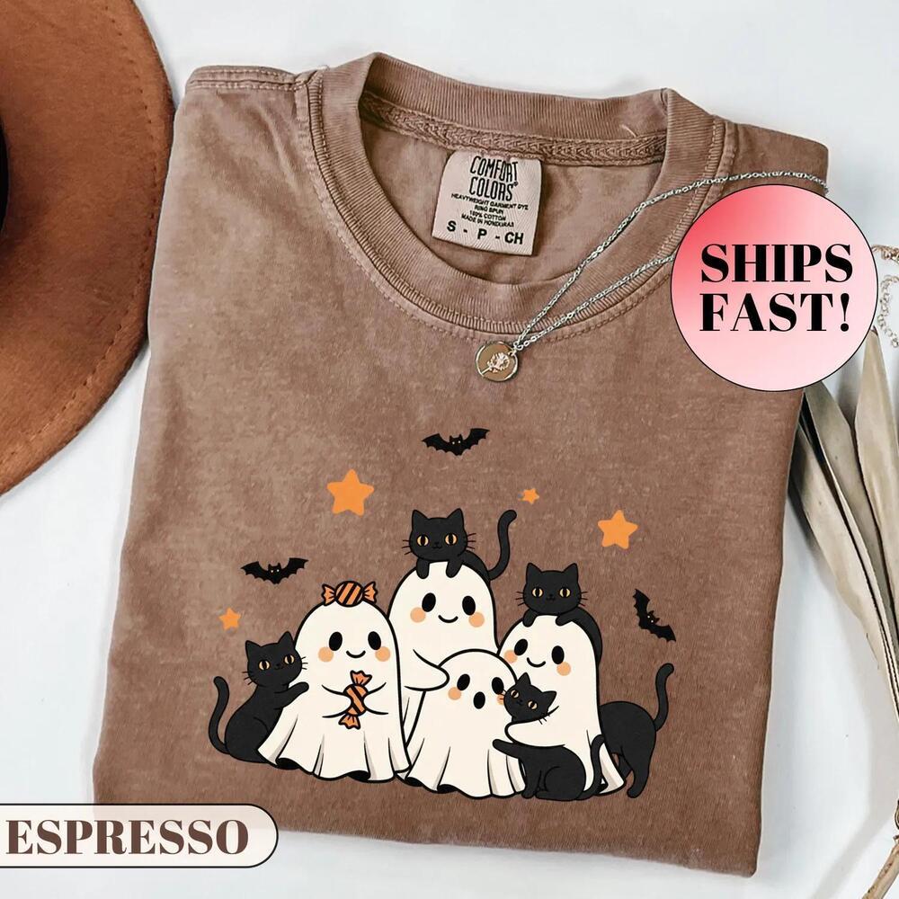 Cute Halloween Shirt Ghost And Black Cat Tee  Top Retro